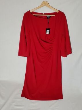 DKNY Red Asymmetrical Ruched Sheath Dress 3/4 Sleeve NEW Modest Holiday Knee NWT